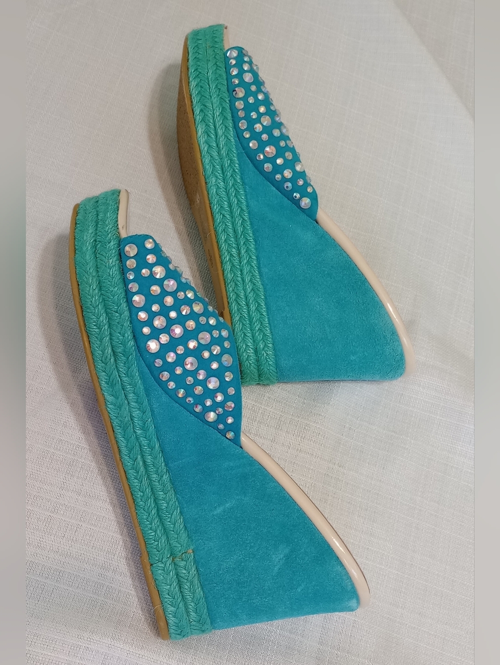 Crystal Embellished Turquoise Wedge Slides for Women - Picture 5 of 9
